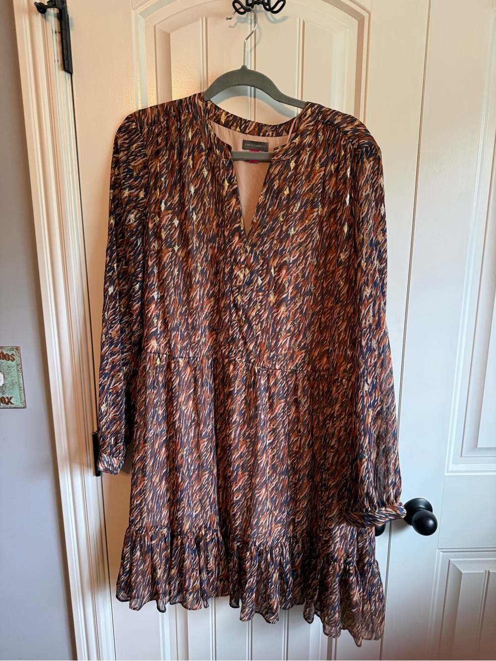 Vince Camuto Women's Brown Multi-Print Long Sleeve Tiered Dress